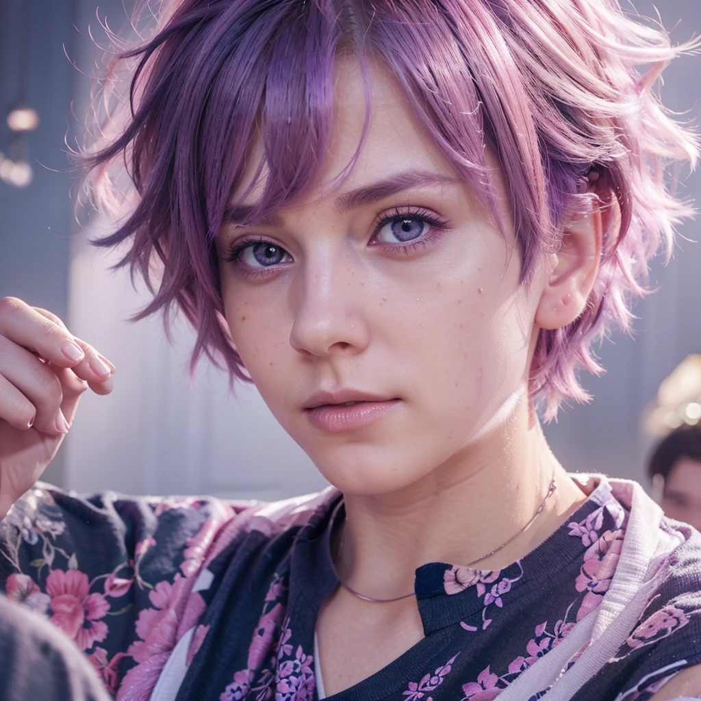 a boy with pink hair fading to purple, beautiful pink eyes, detailed facial features, wearing a white shirt, realistic, ultra-detailed, 8k, hyperrealistic, photorealistic, cinematic lighting, vibrant colors, masterpiece