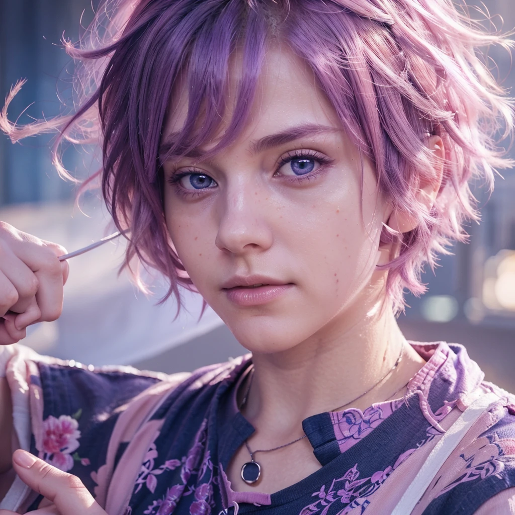 a boy with pink hair fading to purple, beautiful pink eyes, detailed facial features, wearing a white shirt, realistic, ultra-detailed, 8k, hyperrealistic, photorealistic, cinematic lighting, vibrant colors, masterpiece