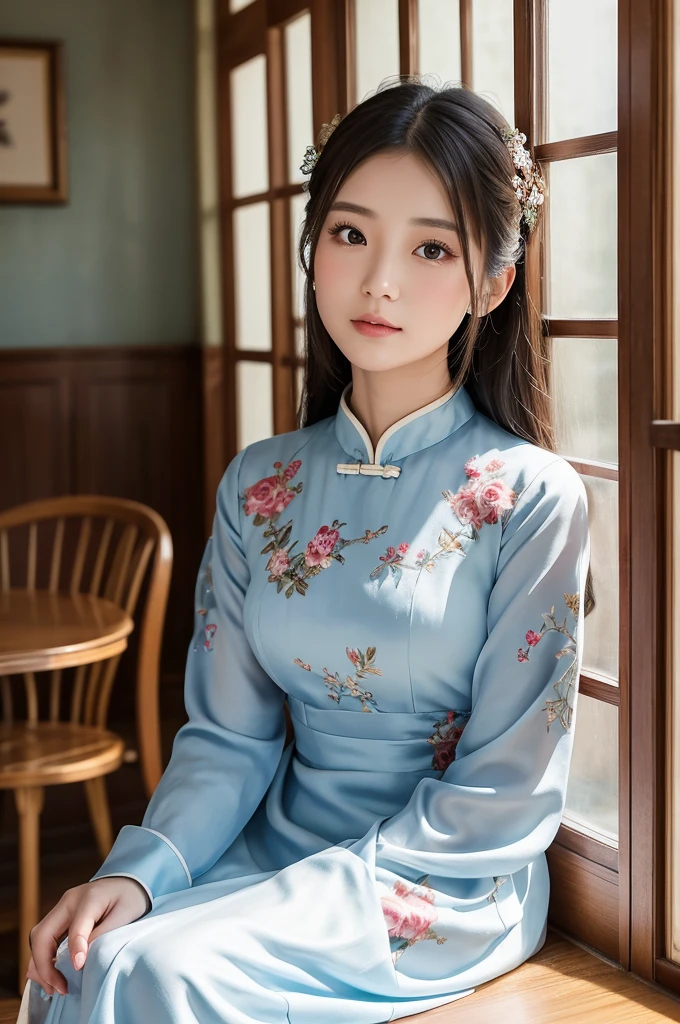 **Prompt Content**:
A beautiful Japanese girl wearing a light blue floral Chinese dress、Sitting in a classic and elegant cafe。The beautiful girl has her long black hair tied up、Staring at the camera with a soft expression。Antique furniture and decorations are arranged in the background.、There is a calm atmosphere。
**Background features**:
The background is a classic cafe interior.、Wooden furniture and soft lighting。Large windows let in natural light、The room is lit with a gentle light。Plants and decorations are arranged、A warm and welcoming space。
**Features of the costume**:
The beautiful girl is wearing a light blue, silky, shiny Chinese dress.、The dress has beautiful floral embroidery.。The thin dress fits her body perfectly.、It gives a sophisticated and elegant impression。
**Posing**:
Beautiful girl sits at a table in a cafe、Place your arms lightly on the table and look straight ahead。Her posture is relaxed、She has a soft smile。
**Photographic Techniques**:
Use a shallow depth of field、Focus on the beautiful girl、The background is blurred。A clever combination of natural and indoor lighting、It brings out the beauty of the subject and the texture of the clothing.。In a vertical screen composition、While capturing the whole body of a beautiful girl、The classic atmosphere of the background is effectively expressed.。Using ultra-realistic live-action techniques、It's a scene that's been meticulously painted down to the last detail.。