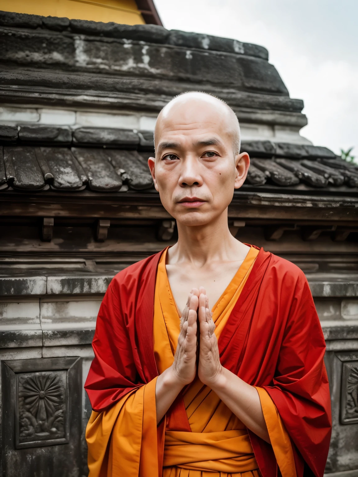 Masterpiece, hd,detailed, best quality, 1man, very old man, 80 y.o , Thai man, bald,no hair, (bald:1.2),  buddhist monk, Thailand, outdoor, standing 