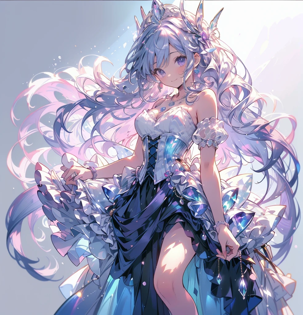 (Exquisite, beautiful, Very detailed, masterpiece, high quality,High resolution),(A full-body illustration of a cutely designed in a beautiful accessory and dress with a deep blue color rich in blue to purple pleochroic richness, Painted with software, A beautiful girl with translucent is wearing a long princess-line dress with a bright purple draped peplum on the bottom of the corset, Adorned with ribbon and tanzanite, Long white panniers underneath, Tanzanite in the corset., Tanzanite Tiara, Dress shoes, Necklaces and rings,cute, A magical princess dress inspired by tanzanite,(White Background:1.7),smile,Facing forward、身体はFacing forward