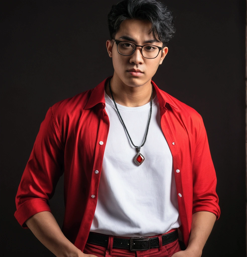 arafed young man asian, in a red shirt and a white t-shirt, pendant black arabia, dramatic portrait, wearing glasses