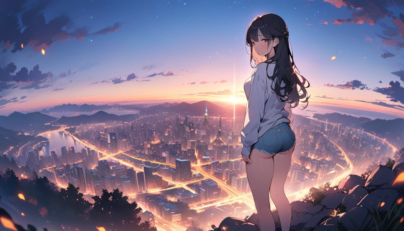 ((Highest quality))、((masterpiece))、(detailed)、(makoto shinkai)、((Anatomically correct))、(High resolution、8k)、(Beautiful Skin:1.1)、One woman、Back view、3 meters apart、whole body、(Beautiful eyes:1.2)、Overlooking the city from the top of the hill、Beautiful sunset、Long hair flutters in the wind、Black Hair、White shirt、Denim hot pants、sneakers、