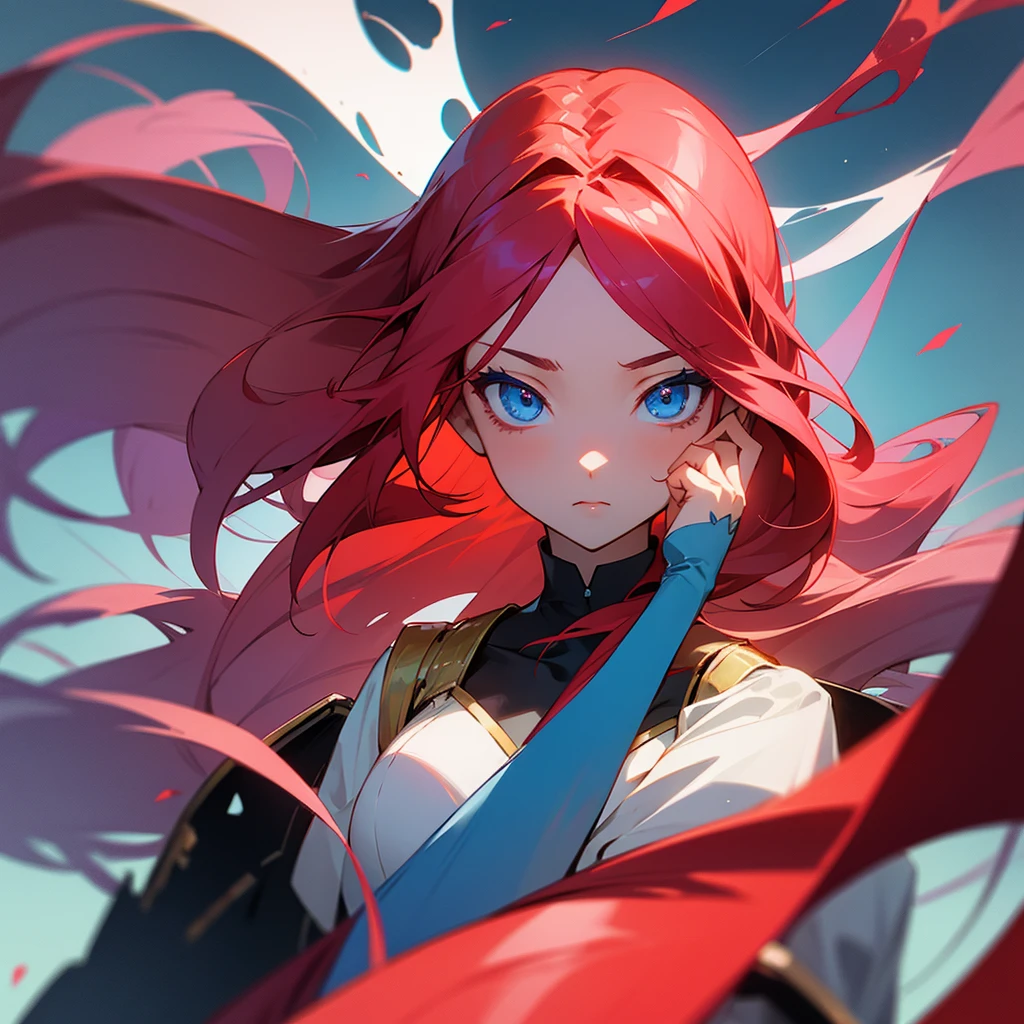 Visualize an anime style character.: a young woman with blue eyes and long red hair. There&#39;s a spider lily flower in her hair.. He has bangs that reach to the middle of his face and a strand goes down his left cheek and frames his face... She is wearing a short white long-sleeved kimono.. The kimono has red on the edges but is mainly white.. The kimono has a short skirt.. She wears white ankle-length socks with black sandals... The black sandals have heels., and red straps. She is sitting by a river., looking at him with a happy smile. There are koi in the river. There are sakura trees around.. Rose petals fall around her..