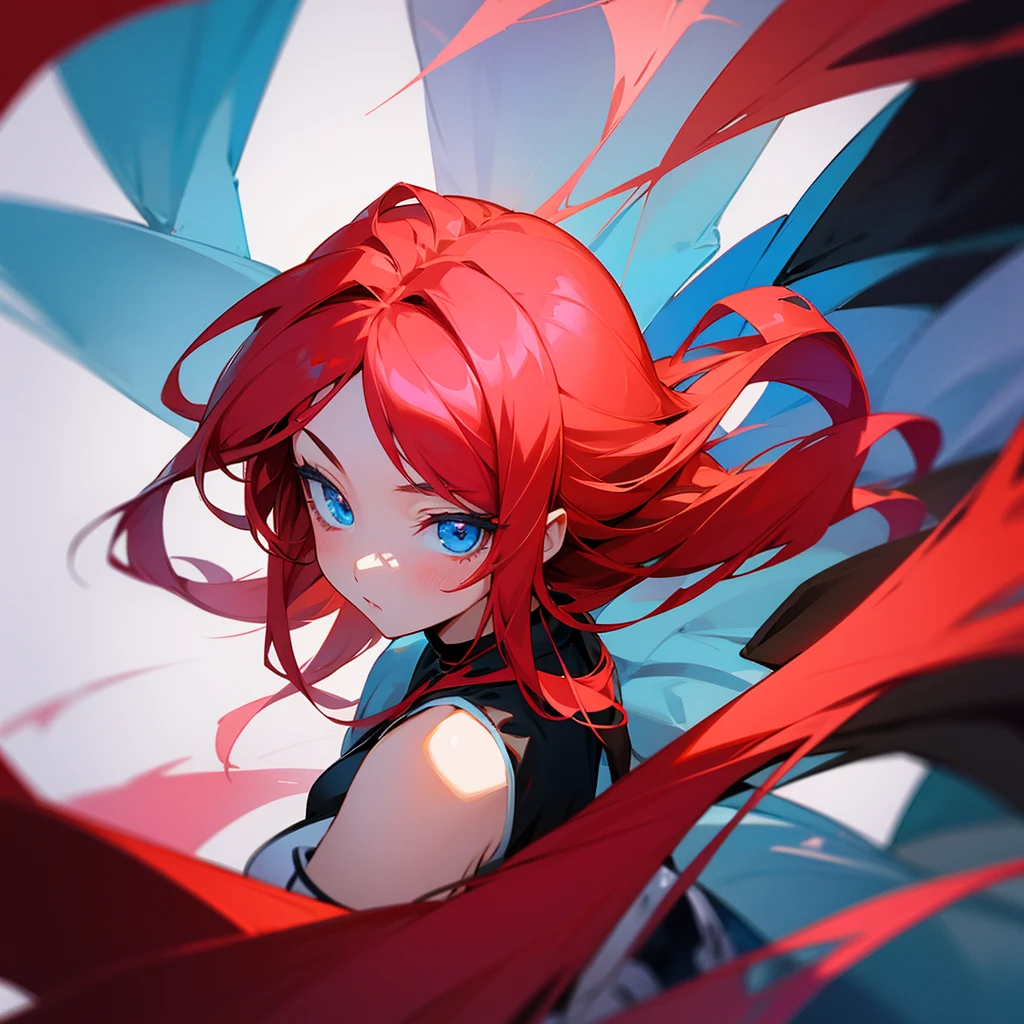 Visualize an anime style character.: a young woman with blue eyes and long red hair. There&#39;s a spider lily flower in her hair.. He has bangs that reach to the middle of his face and a strand goes down his left cheek and frames his face... She is wearing a short white long-sleeved kimono.. The kimono has red on the edges but is mainly white.. The kimono has a short skirt.. She wears white ankle-length socks with black sandals... The black sandals have heels., and red straps. She is sitting by a river., looking at him with a happy smile. There are koi in the river. There are sakura trees around.. Rose petals fall around her..