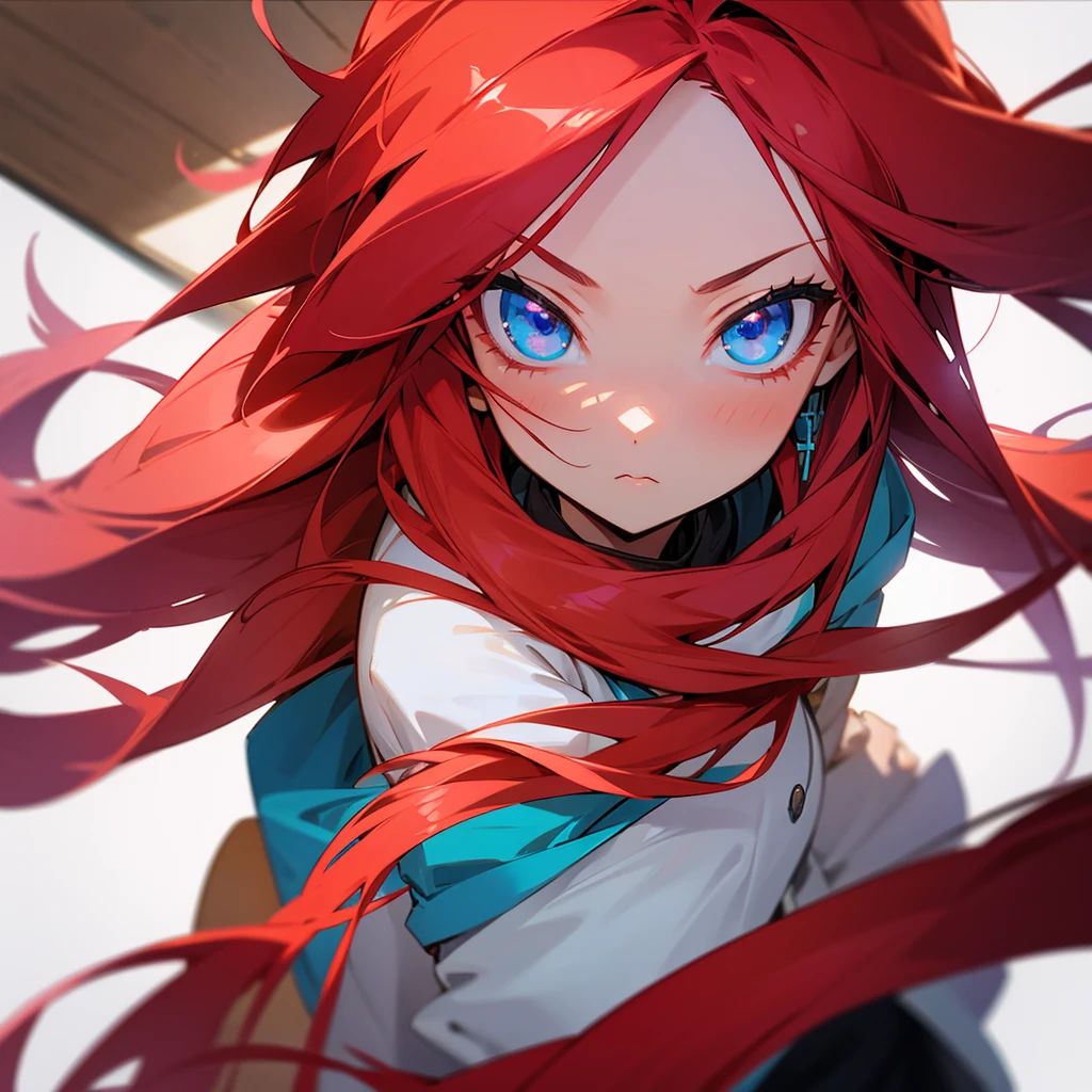 Visualize an anime style character.: a young woman with blue eyes and long red hair. There's a spider lily flower in her hair.. He has bangs that reach to the middle of his face and a strand goes down his left cheek and frames his face... She is wearing a short white long-sleeved kimono.. The kimono has red on the edges but is mainly white.. The kimono has a short skirt.. She wears white ankle-length socks with black sandals... The black sandals have heels., and red straps. She is sitting by a river., looking at him with a happy smile. There are koi in the river. There are sakura trees around.. Rose petals fall around her..