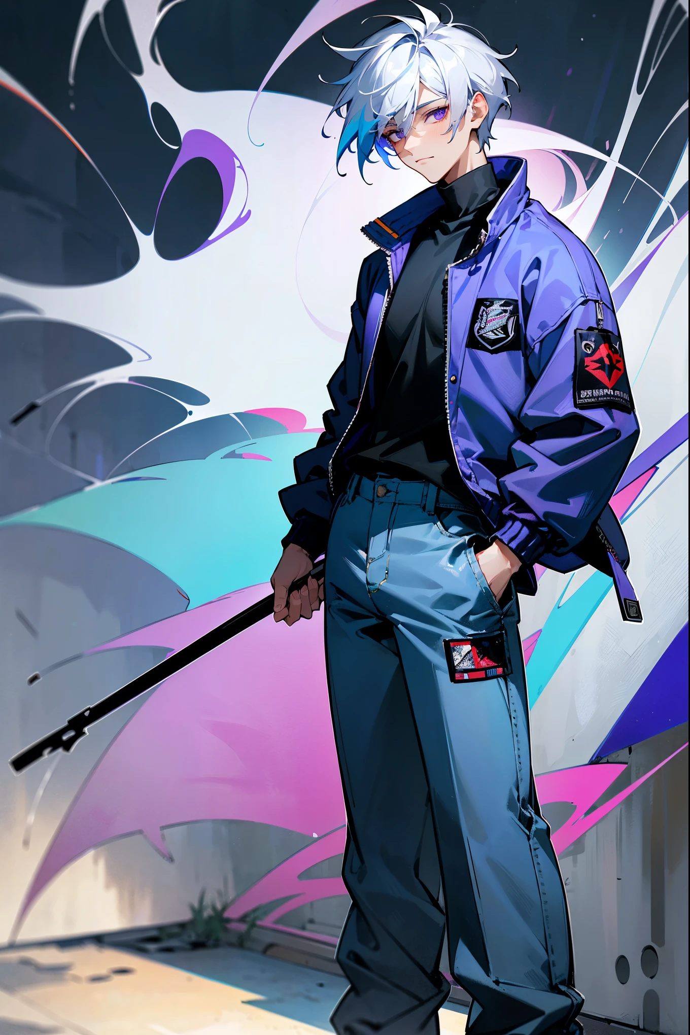 Masterpiece, 8k, a young man with messy white hair and striking violet eyes, dressed in a casual grey turtleneck, denim baggy pants, and a navy blue windbreaker with subtle storm cloud designs. He stands against a backdrop of a vibrant graffiti alley with splashes of color and light. Standing on path