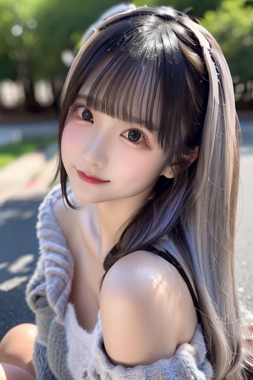 ((Full body photography))、Highest quality、High resolution、超High resolution（Real：1.4）、(((jirai kei、Off the shoulder,chool:1.3)、18-year-old、Japanese women、Small breasts、(looking at the camera)、Cute round face、smile、((Shiny gray hair))、looking at the camera、Sparkling eyes、Lips shining with lip gloss、Natural light、(()）、(((Flat breasts、Small breasts)))、(smallバスト:1.4)、smallバスト、(slim、small、Flat、small)、thin、Delicate and sexy collarbone、One Girl、(beautiful girl、Delicate girl:1.3)、(18-year-old:1.3)、Very beautiful eyes、(Symmetrical eyes:1、Brown eyes、Parted bangs、(Eye and facial details:1.0) )、Real実写、Photogenic transparency、Detailed eyes、Gradation、Perfect anatomical figure、Woman with perfect body、Highly detailed skin、Highly detailed face、Beautiful eyes in every detail、Background Blur、Sexy pose、