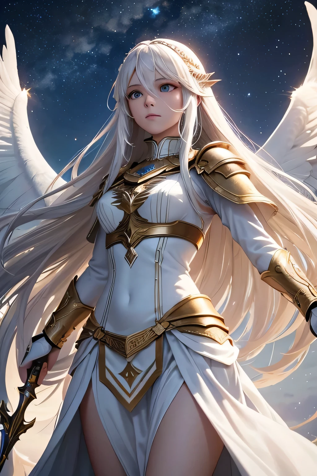 whole body, Silver Haired Girl, Golden Eyes, Angelic body and face, And a miniskirt with blue crystal armor, Wield a spear, Wear a cloak, shield, With gold ring, Sitting on the blue sky throne, White Seraphim Wings, evening, and dawn background scene, Magic circle with diamond stars, An innocent smile, Stable Diffusion v5, Anime Style V3, Lola Style v5, dynamic, Image Enhancement, Shape of a dream, Vibrant, Realistic Face, 32k resolution, Deluxe, Sharp focus, Highest quality, masterpiece, GhostMix, Flat Color, flat light.