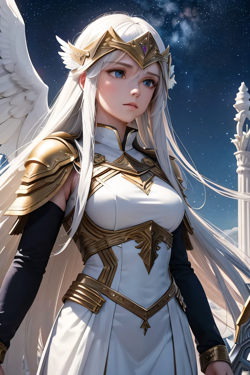 A long white-haired Valkyrie stands solemnly before a celestial bridge, her gleaming armor reflecting the soft glow of the night. She watches over the souls of fallen warriors as they make their way across the bridge to the heavens. The night sky is adorned with countless stars, casting a serene and otherworldly light on the scene. The Valkyrie’s expression is one of reverence and compassion, embodying her sacred duty to guide these brave souls to their eternal,(((upper body)))