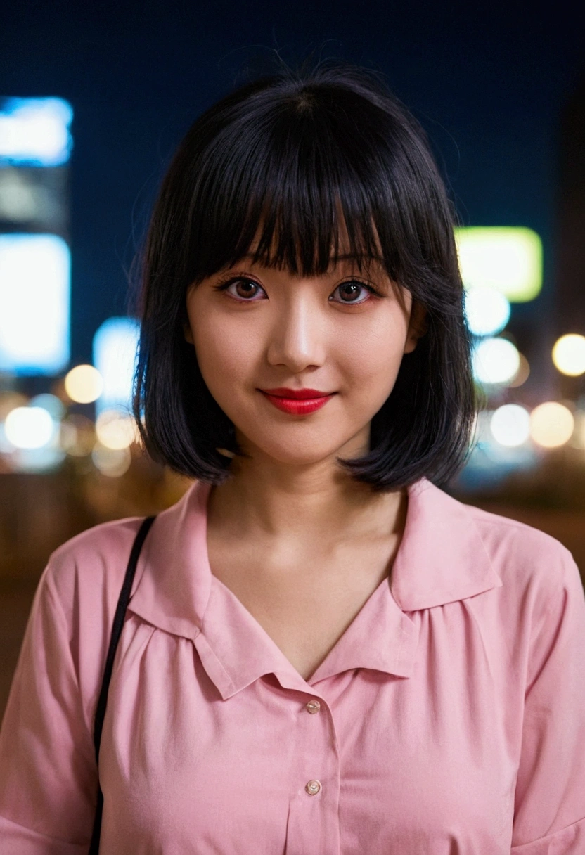 Yuitsuki Yukari, Face Focus, Portraiture, Glowing black eyes, Feminine style, One Girl, asymmetrical bangs, bangs, Black Hair, goodid, good, looking at the camera, smile, night, city, Bob Hair, abdomen, Red lips, shirt, alone, Are standing, goodid, Upper Body, pink , beautiful kubire, beautiful, Mischievous face