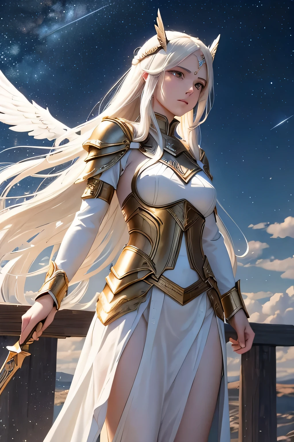 A long white-haired Valkyrie stands solemnly before a celestial bridge, her gleaming armor reflecting the soft glow of the night. She watches over the souls of fallen warriors as they make their way across the bridge to the heavens. The night sky is adorned with countless stars, casting a serene and otherworldly light on the scene. The Valkyrie’s expression is one of reverence and compassion, embodying her sacred duty to guide these brave souls to their eternal,(((upper body)))