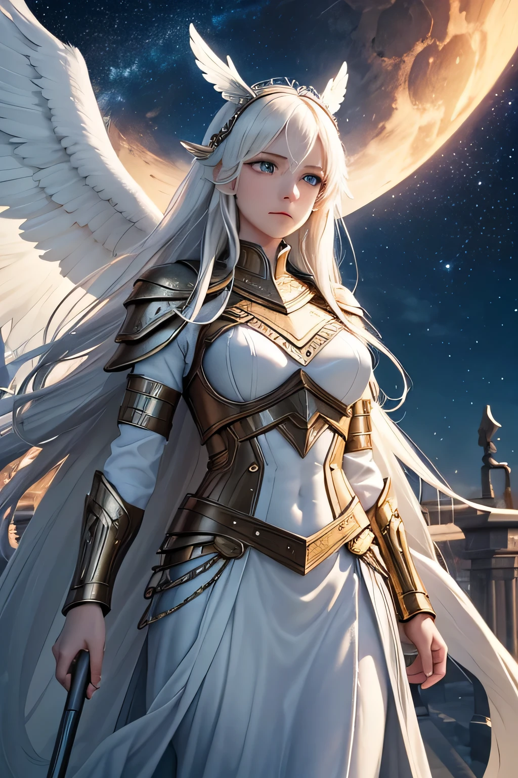 A long white-haired Valkyrie stands solemnly before a celestial bridge, her gleaming armor reflecting the soft glow of the night. She watches over the souls of fallen warriors as they make their way across the bridge to the heavens. The night sky is adorned with countless stars, casting a serene and otherworldly light on the scene. The Valkyrie’s expression is one of reverence and compassion, embodying her sacred duty to guide these brave souls to their eternal,(((upper body)))