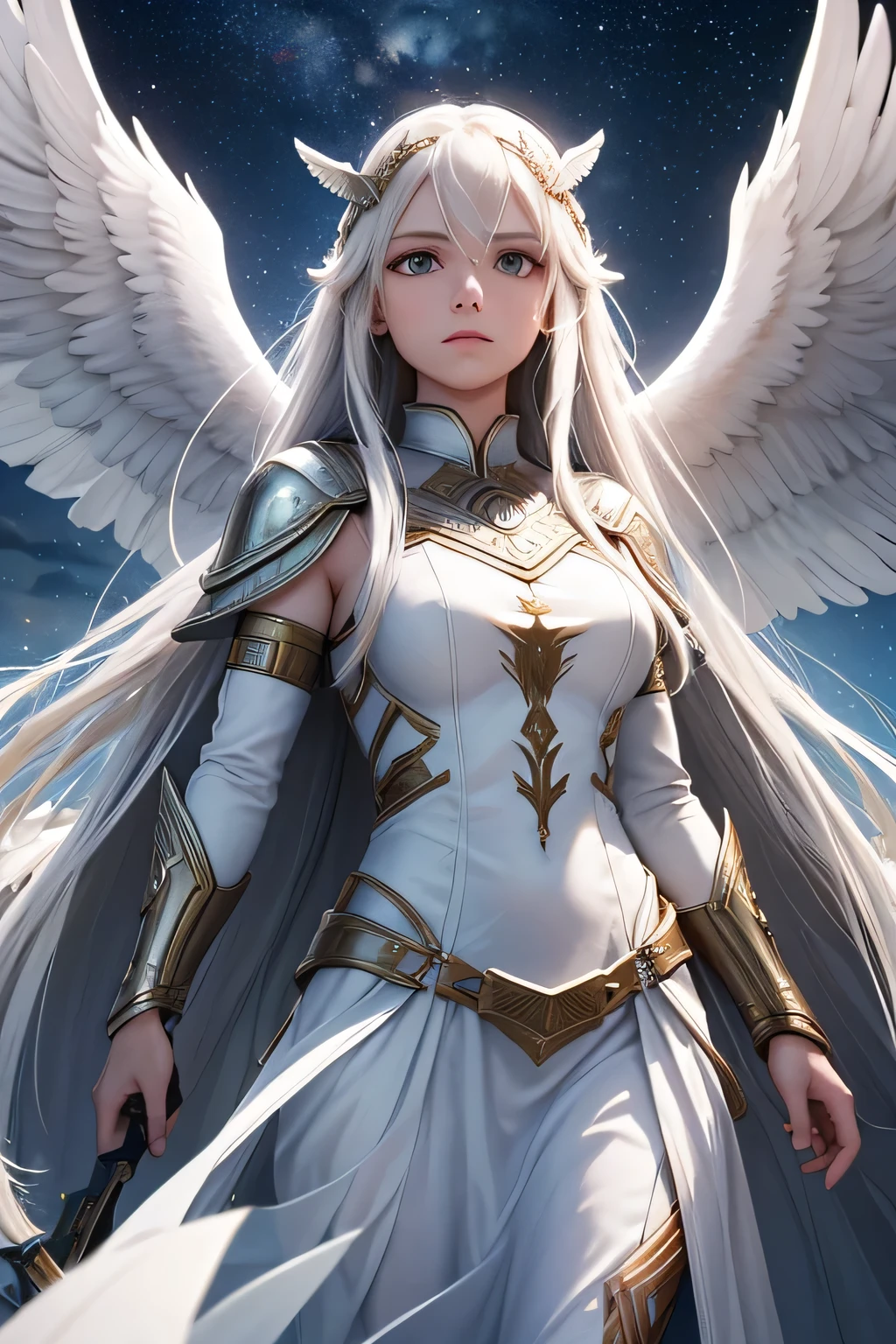 A long white-haired Valkyrie stands solemnly before a celestial bridge, her gleaming armor reflecting the soft glow of the night. She watches over the souls of fallen warriors as they make their way across the bridge to the heavens. The night sky is adorned with countless stars, casting a serene and otherworldly light on the scene. The Valkyrie’s expression is one of reverence and compassion, embodying her sacred duty to guide these brave souls to their eternal,(((upper body)))