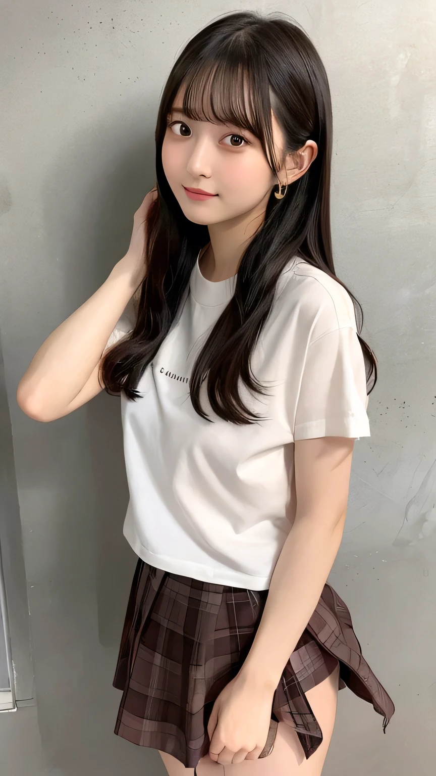Highest quality,One Girl in, skirt, One Girl, underwear, , panties, プリーツskirt, Black Hair, Hip, Lifting clothes, The eyes are brown, 青いskirt, pure gaze, 白のshirt, shirt, Long Hair, Short sleeve, , ミニskirt, I lifted it myself, Open your mouth, Shadow, チェック柄skirt, blush