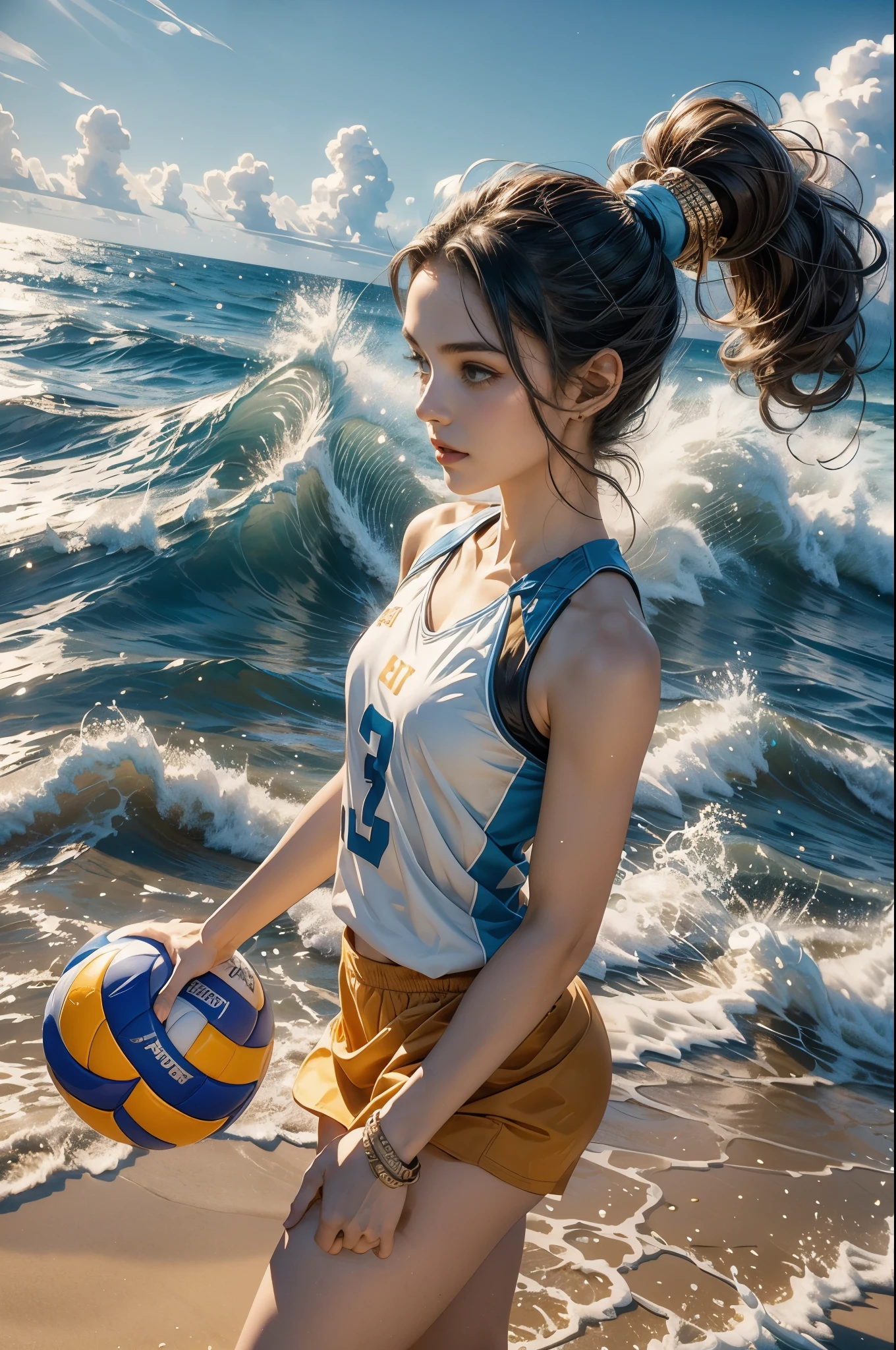 (((best quality))), (((ultra detailed))), (((masterpiece))), illustration, ((a beautiful girl,volleyball player,solo)),((slim,thin)),((small breasts,flat chest)),(short ponytail:1.2),beach, sea, sand,(holding a volleyball:1.5), girl's attire, sun, waves, shore, foam, summer, afternoon, gold sand, vibrant attire, athletic build, sleeveless, short skirt, sports tank top, toned legs, nimble fingers, precise movements, agile arms, teammates, synchronized gameplay, exciting spectacle, onlookers, sand, clear sky, azure, powder blue, white waves, crashing waves, laughter, beachgoers, symphony, essence, summer, seaside, determination, skill, quick reflexes, strategic thinking, victory, infectious energy, unwavering spirit, , joy, youthful exuberance, timeless reminder, magic of summer,((from front,upperbody))