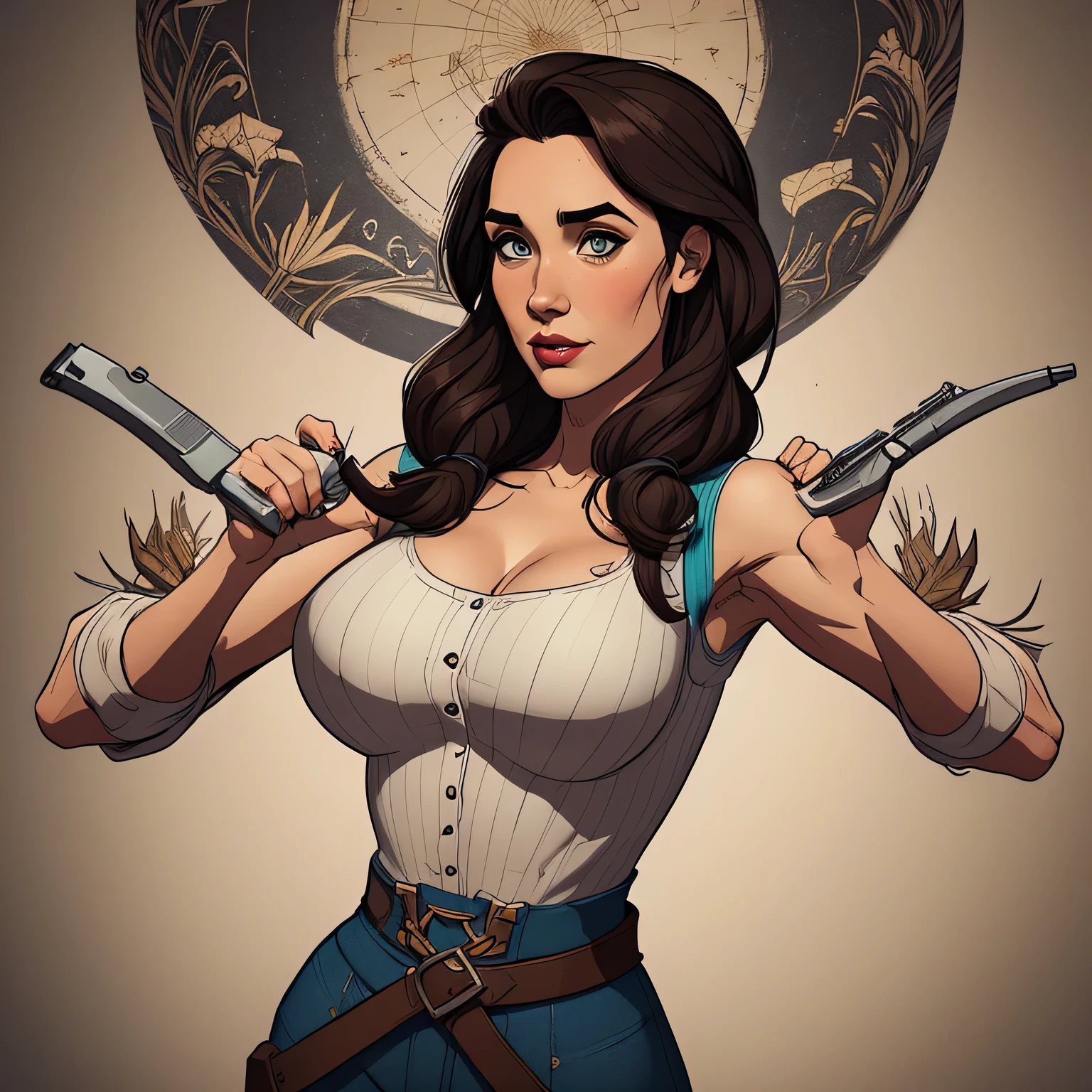 Jeday style female warrior character armed with a 38 atompunk western style revolver Fallout 4 Jennifer Connelly le with war scars Cartoon image of a woman .Illustrates??cartoon style, cartoon art style, cartoon art style, digital illustration style, atompunk style highly detailed character design, courage detailed digital art, Forest fan art, Portrait Character Design, beautiful digital illustration, high-quality portrait, comic book art, young woman with beautiful hair . Queen Anna of ArendelleBeautiful lined eyes Medium large bust and wonderful sexy clothes. image expression of sexual desire from waist to head illustration Queen Anne of Arendelle atompunk style Fallout 4 Free perspective " armed with a 38 western style revolver with a 38 revolver in her hands jeday warrior style