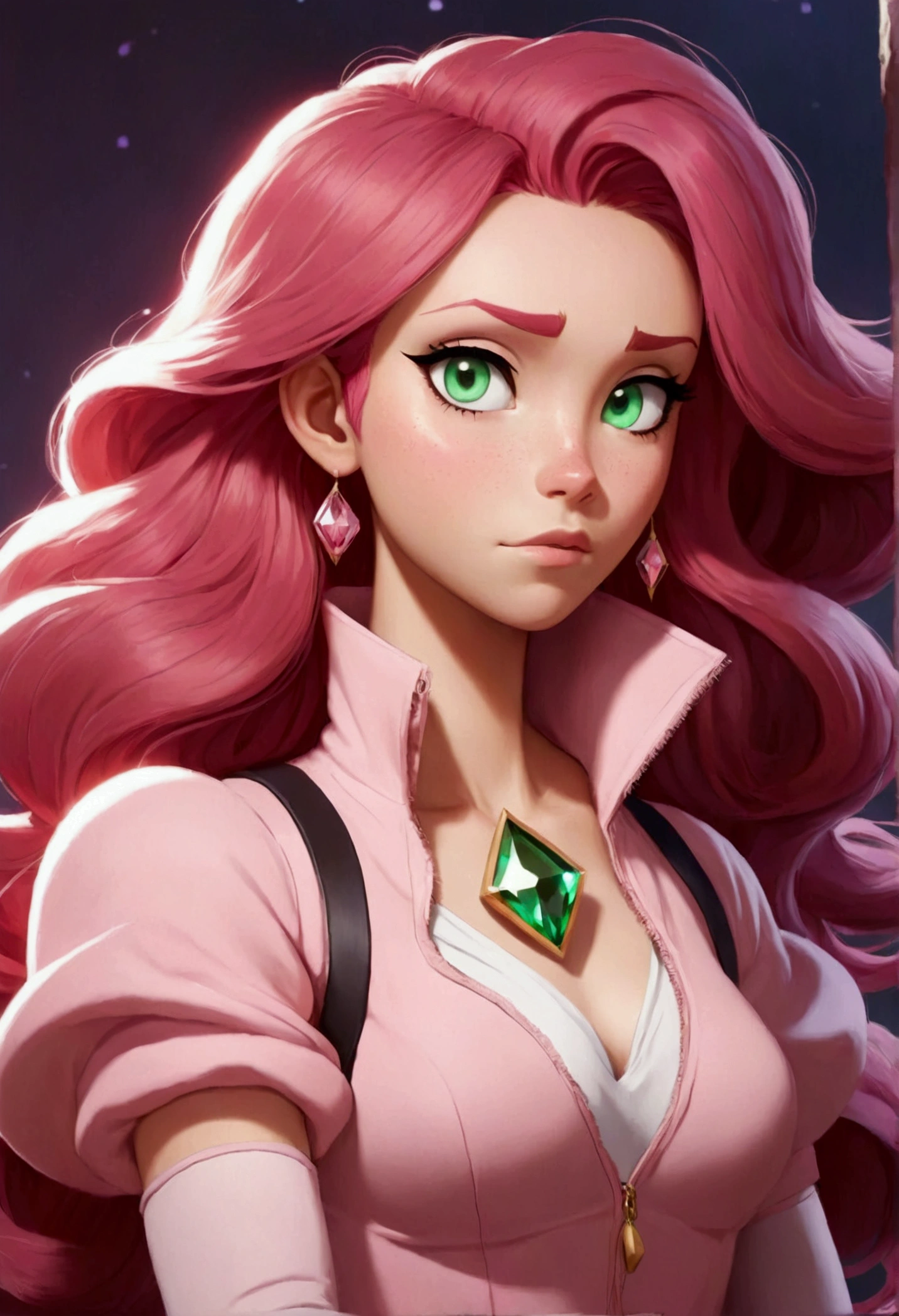 *She is a Crystal Gems but pink in color, so the mother of Steven universe the pink diamond*
*She has pink skin, pink gems were in her belly just like Steven and the pink diamond, She wore a pink combat outfit and had pink wavy hair., My iris was also pink*
*But she has a human-looking version, but even so with her gem, She has red hair, green eyes, fair skin and a light combat outfit* based on steven universe future