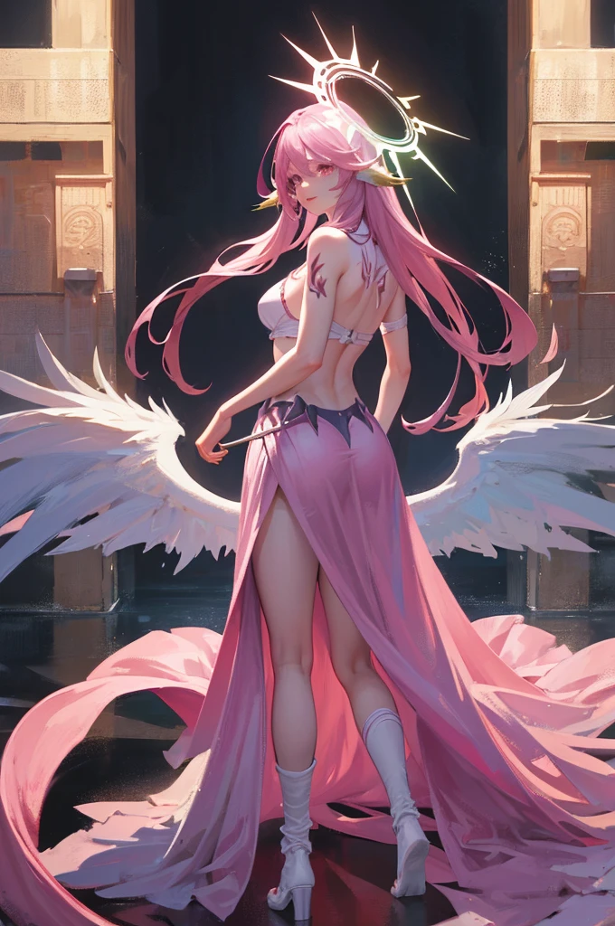 Ultra-detail,(highres:1.1),best quality,(masterpiece:1.3),cinematic lighting,
ngnl_jibril,long hair,pink hair,halo,showing back,looking away
(detailed face and eyes:1.3),detailed teeth,