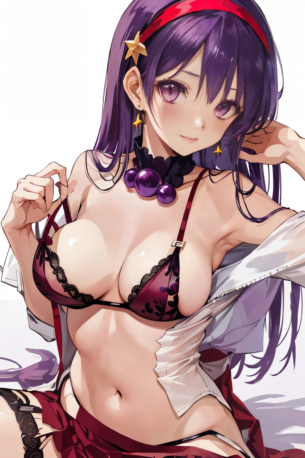 Sexy Oneesama, (heavily torn clothes:1.3), (Badly torn lingerie:1.5), Completely torn clothes:1.3), athena97，Purple eyes, Purple hair, Long hair, white earrings, red hairband, star hair ornament, Full face blush, Bare navel, Bare shoulder, Full breasts, {{{large full breasts}}}, (Pull-down lingerie), cutout chest,Open your clothes, Lift skirt, ( :1.2), Smile of contempt, humiliated, Shameful face, NSFW, No lingerie, , cum on facial,( Large amount of in the chest:1.3),(Press chest:1.2),(Crush the chest:1.2)