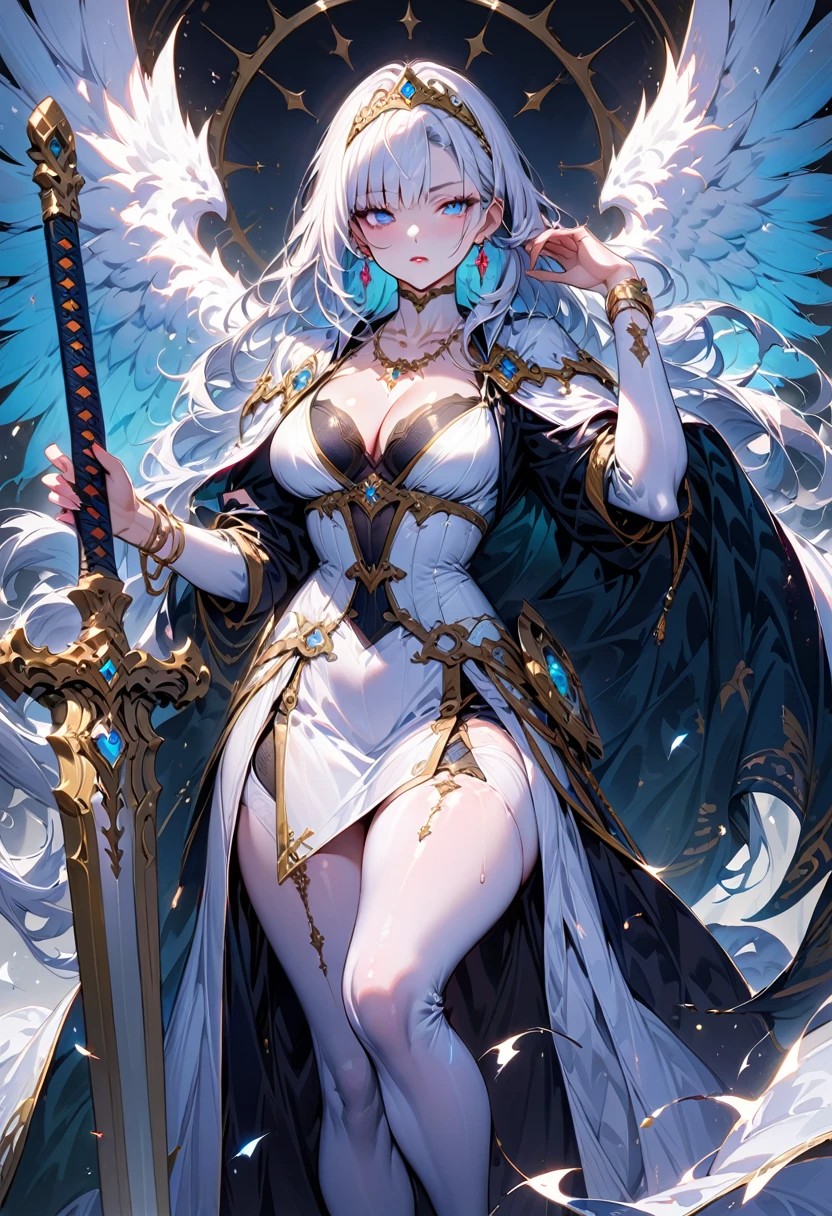 1 young beautiful woman,(Highest quality,Extremely detailed depiction,Incredibly absurd high resolution,Anatomically accurate depiction,Curvy Legs),(Glowing Skin,Shiny skin),(A female swordsman with a noble air),(A noble white outfit,Holy sword,tiara,Cape,White tights),(Blue Eyes,Detailed pupil,Half-closed eyes:1.3,Shadowed face,lipstick,There is cleavage in the chest,Cool look),eyelash,Luxury accessories,Earrings,necklace,Bracelet,Standing posture