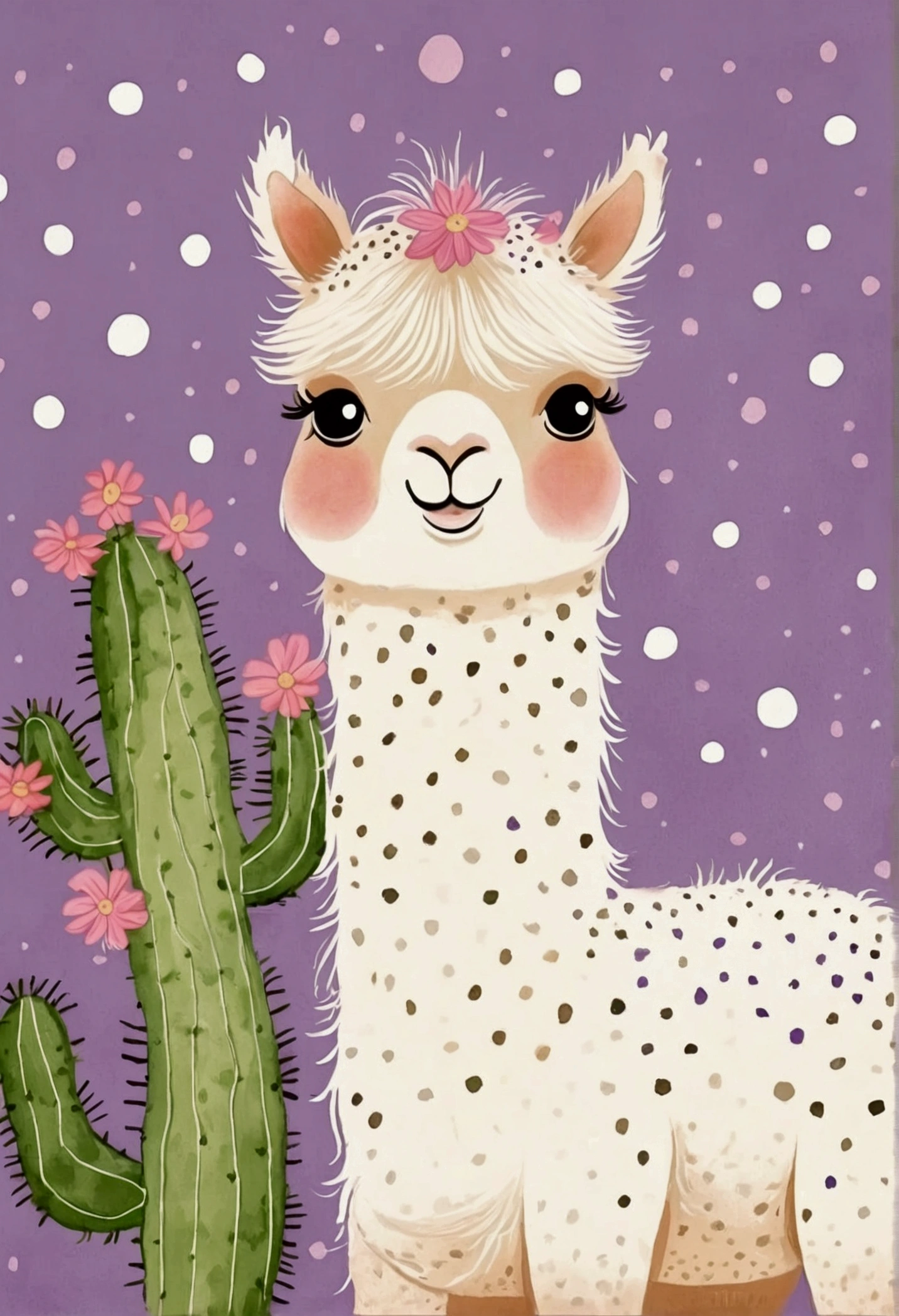 Decorative paintings:Childish Art,Cute cartoon alpaca,Flowering cactus,Dot,line,Purple theme