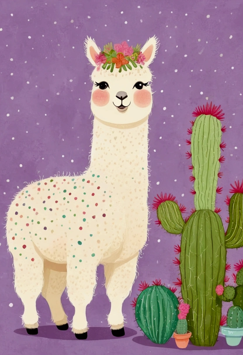 Decorative paintings：Childish Art，Cute cartoon alpaca，Flowering cactus，Dot，line