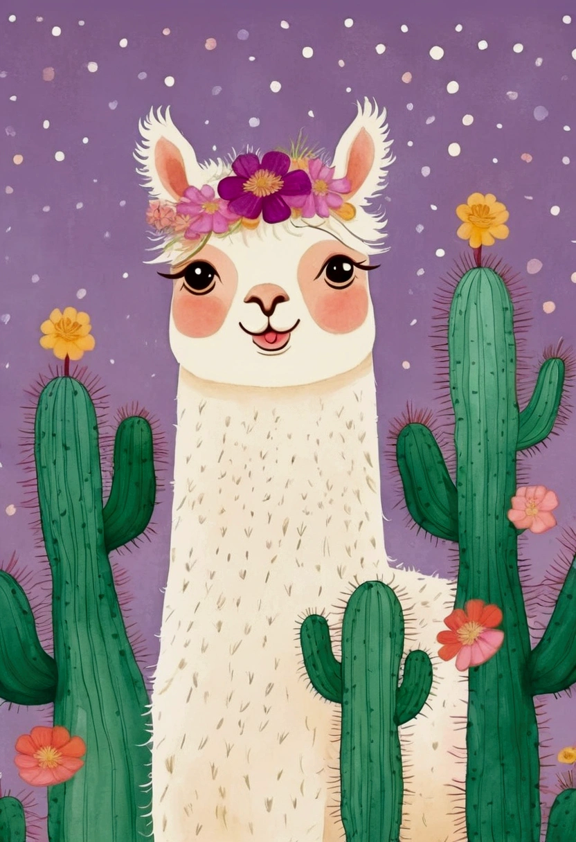 Decorative paintings:Childish Art,Cute cartoon alpaca,Flowering cactus,Dot,line,Purple theme