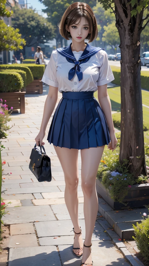 ((RAW photo), absurd, (absurdresolution)), Young woman, 21 years old, the most beautiful, (beautiful look, honey eyes, perfect sharp pupil, realistic), (with straight brown hair and loose short bob cut), ((blue pleated short skirt, white short shirt, sexy sailor suit)), handbag, raised arm, (standing sexy pose, very pretty, walking, leg slightly turned, looking at the camera), wide garden path, English posts, bright, intense colors, captivating woman, high sensuality,