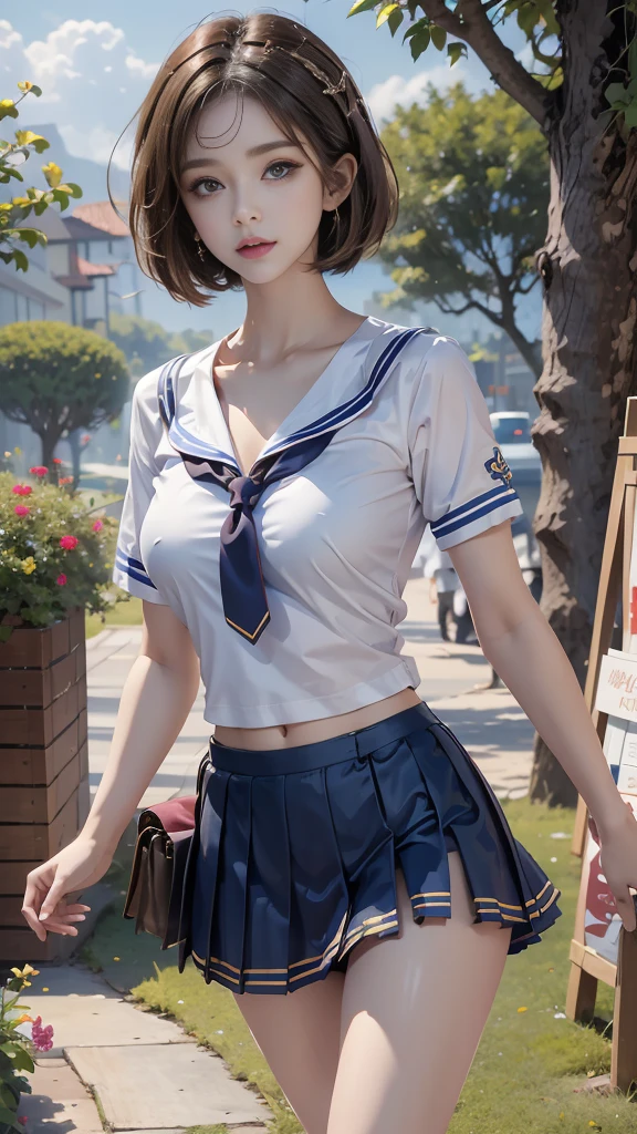 ((RAW photo), absurd, (absurdresolution)), Young woman, 21 years old, the most beautiful, (beautiful look, honey eyes, perfect sharp pupil, realistic), (with straight brown hair and loose short bob cut), ((blue pleated short skirt, white short shirt, sexy sailor suit)), handbag, raised arm, (standing sexy pose, very pretty, walking, leg slightly turned, looking at the camera), wide garden path, English posts, bright, intense colors, captivating woman, high sensuality,