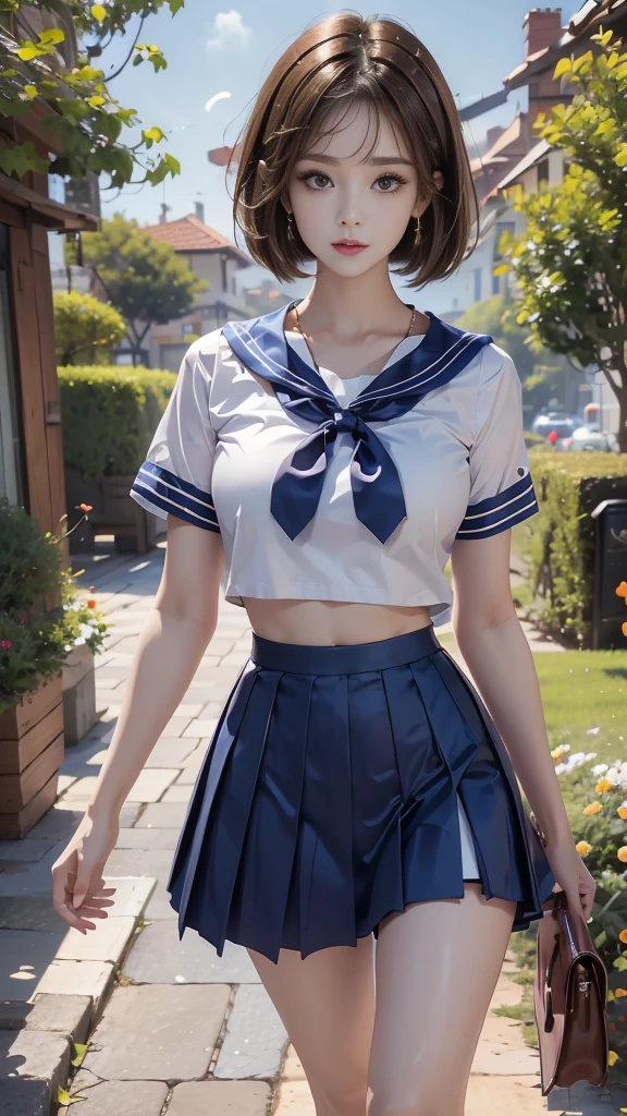 ((RAW photo), absurd, (absurdresolution)), Young woman, 21 years old, the most beautiful, (beautiful look, honey eyes, perfect sharp pupil, realistic), (with straight brown hair and loose short bob cut), ((blue pleated short skirt, white short shirt, sexy sailor suit)), handbag, raised arm, (standing sexy pose, very pretty, walking, leg slightly turned, looking at the camera), wide garden path, English posts, bright, intense colors, captivating woman, high sensuality,