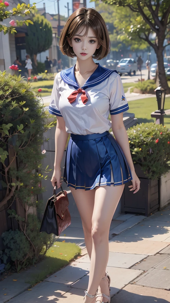 ((RAW photo), absurd, (absurdresolution)), Young woman, 21 years old, the most beautiful, (beautiful look, honey eyes, perfect sharp pupil, realistic), (with straight brown hair and loose short bob cut), ((blue pleated short skirt, white short shirt, sexy sailor suit)), handbag, raised arm, (standing sexy pose, very pretty, walking, leg slightly turned, looking at the camera), wide garden path, English posts, bright, intense colors, captivating woman, high sensuality,