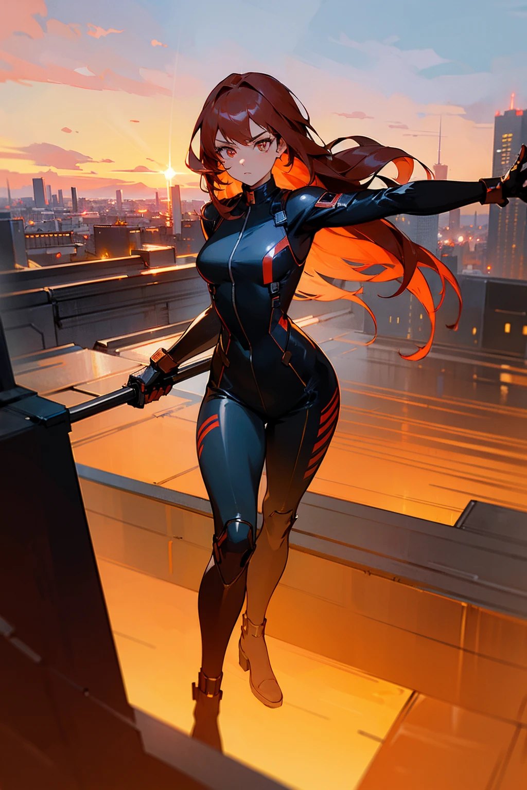 Masterpiece, 8k, a young woman with shoulder-length copper hair and golden eyes, wearing a sleek black jumpsuit with red flame patterns and combat boots. The background features a dynamic urban rooftop at sunset with dramatic cityscape views. Standing on path.