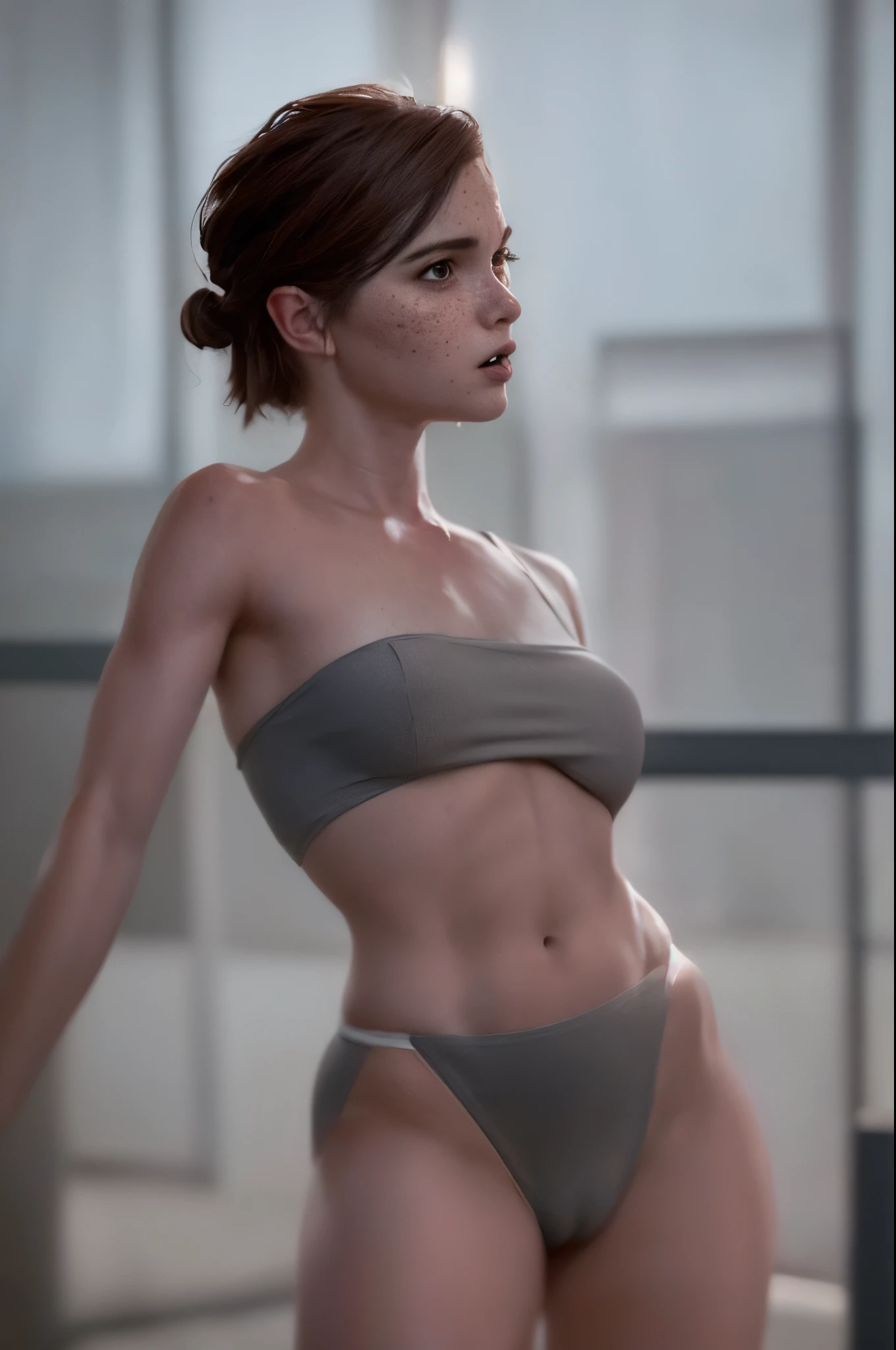 ultra realistic cg, picture-perfect face, flawless, masterpiece, professional artwork, famous artwork, dark lighting, cinematic bloom, perfect face, beautiful face, beautiful eyes, 1girl  , , rude, , erotic, angry look, looking at viewer, ((biting lips)), lip bite, , bare shoulder, solo, standing, sexy pose, busty, wearing black lingerie, sharp jaw, (((hollow cheeks))), ((very thin waist)), ((very slim waist))athletic, , (redhead), ((freckles)), pool, daytime, wet, sunny, NSFW, Nude, naked, exposed breasts, exposed vagina, NSFW, Nude, naked, exposed breasts, exposed vagina,  breasts