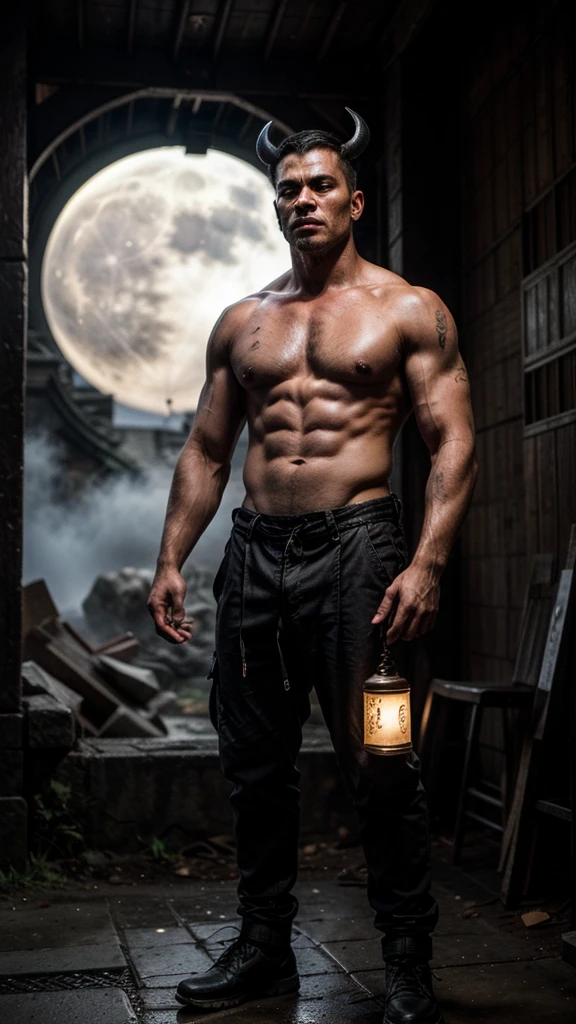 The demon、A traditional Japanese monster、Red skin、Big hornuscular々It is a being with a physique of。He was in the dark forest deep in the mountains、Standing among the ruins of an ancient temple。There is a thick fog all around、Behind them looms the full moon.。The demon刀を持ち、His gaze is powerful, but、There's something sad about it。His costume is reminiscent of an ancient warrior.々In new armor、Deep blue and green fabric is sewn into the。This image is、It represents the legendary power and spiritual depth of the demon.