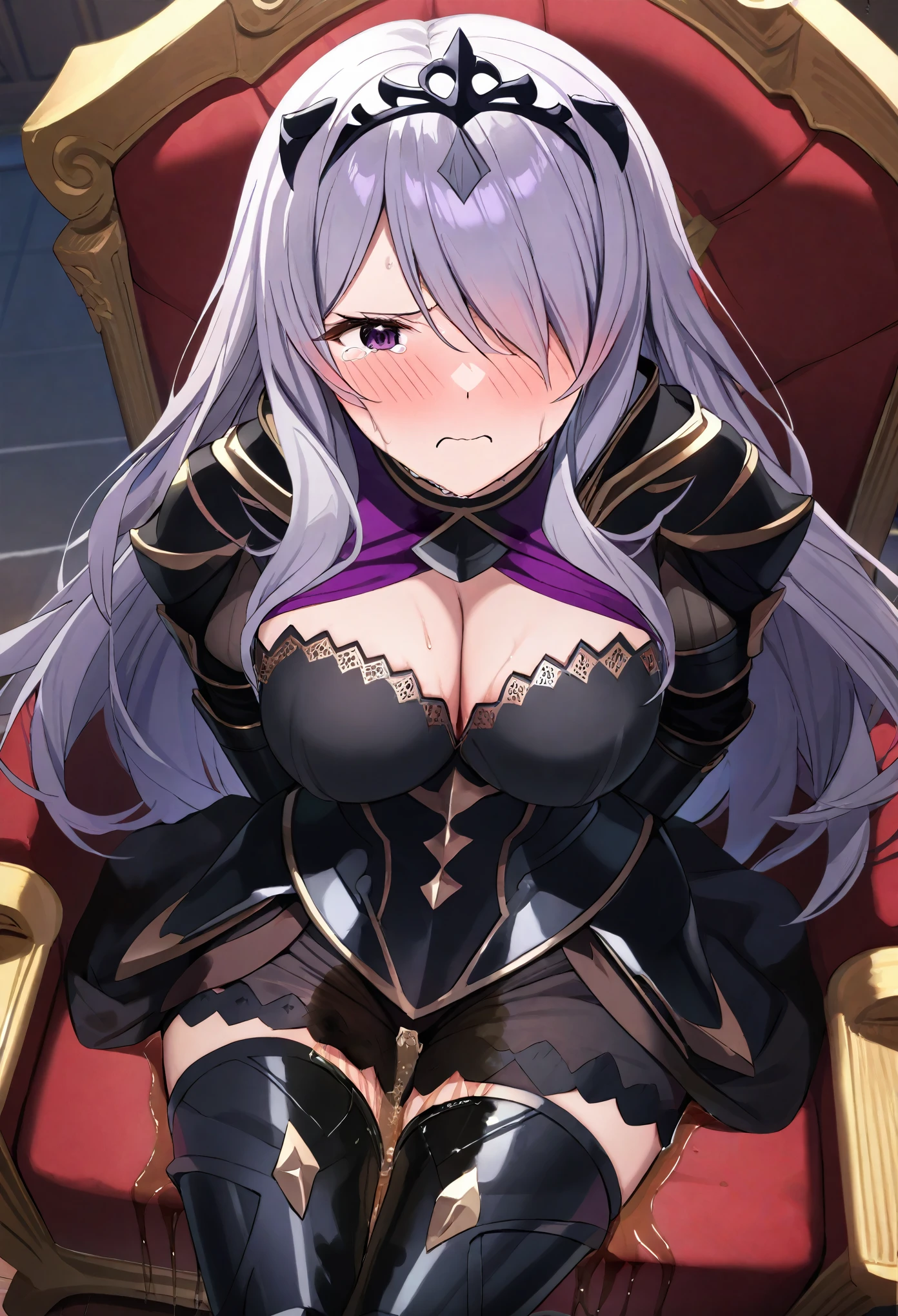(high quality,Very detailed:1.37, High resolution), Woman, defCm, hair over one eye, black tiara, purple capelet, black armor, cleavage, gauntlets, gloves, armored legwear, armored leggings, see-through, masterpiece, best quality, (wetting herself:2.0), embarrassed, humiliation, sweating, (blush:3.0), (angry:1.5), (tears:1.5), (sitting:1.5), throne, (hands behind back:2.0), from above, anime screencap