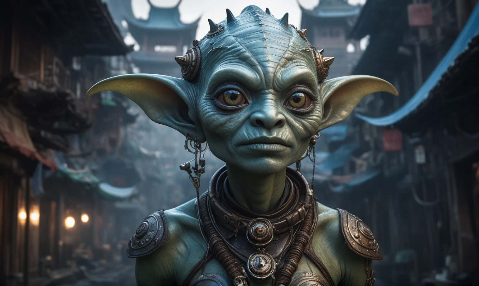 full body shot,beggar deep niobium paladium The Alien Entity,native italian babychild, wants eat,survival in criminal city of future, Technicolor,natural skin textures, hyper realism, hyper detailed,Extremely detailed,High contrast,Masterpiece,Realistic,Ultra Detailed, intricate details,realistic humid leather,extremly intricate,Epic Realistic, cinematic style,irina yermolova,high contrast,hdr,extremely detailed, deep night landscape,masterpiece,intricate details,faded,eyes extremely detailed, high detailed eyes,8k resolution,RAW,retina, Nikon Z9,China,baby orc, Guangxi Zhuang of China,tkt style,ears perfect, Elf，transition between two art styles, Ink painting to photorealism, Double contact, X-ray, Creative, vivid light, masterpiece, fantasy, Abstract, Surrealism, super detailed, high resolution, stop:35;(((creature with a spectral and ghostly appearance)). Her skin is pale, almost translucent,ancient rock paintings of the first people,sharkfish's leather,In a vibrant and mesmerizing artwork, a hot air soars through the layers of clouds, revealing a colossal and enigmatic cityscape nestled within. The buildings in this ethereal city are adorned with intricate details and exude an aura of mystery. Above the cityscape,  lend an enchanting touch to the scene. steampunk. The intricate mechanics create a sense of wonder and fascination, as if stepping into a dreamlike realism