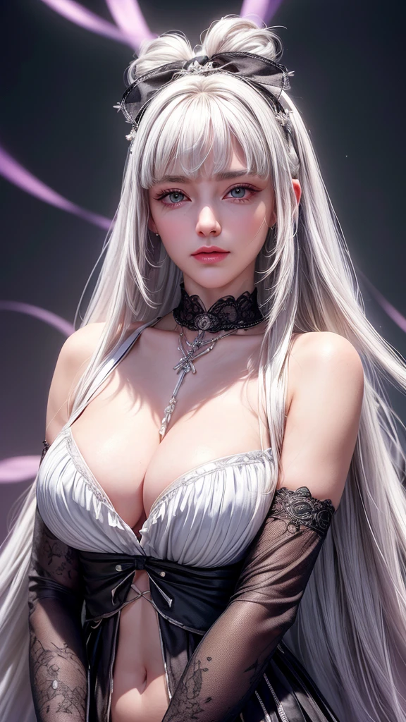 (extremely detailed CG unity 8k wallpaper), (((masterpiece)), ((best quality)), ((extremely delicate and beautiful)), realism, very pretty girl, masterpiece, best quality, detailed clothing, black gloves, gothic, top and skirt, detailed clothing, purple outfit,neon lights, Rococo, Facial skin comes to life、exquisite, 8k wallpaper, black ribbon, White bow, real, The original, white hair, white,with bangs, bangs in her hair, fringe, accessories, jewelry, Ribbon necklace, period, wristband, seductive smile, Excited, heart shaped pupils, green eyes,look up, look up, permanent, extremely delicate and beautiful, Dynamic angle, Navel exposed, head tilt, Expand, fighting stance,