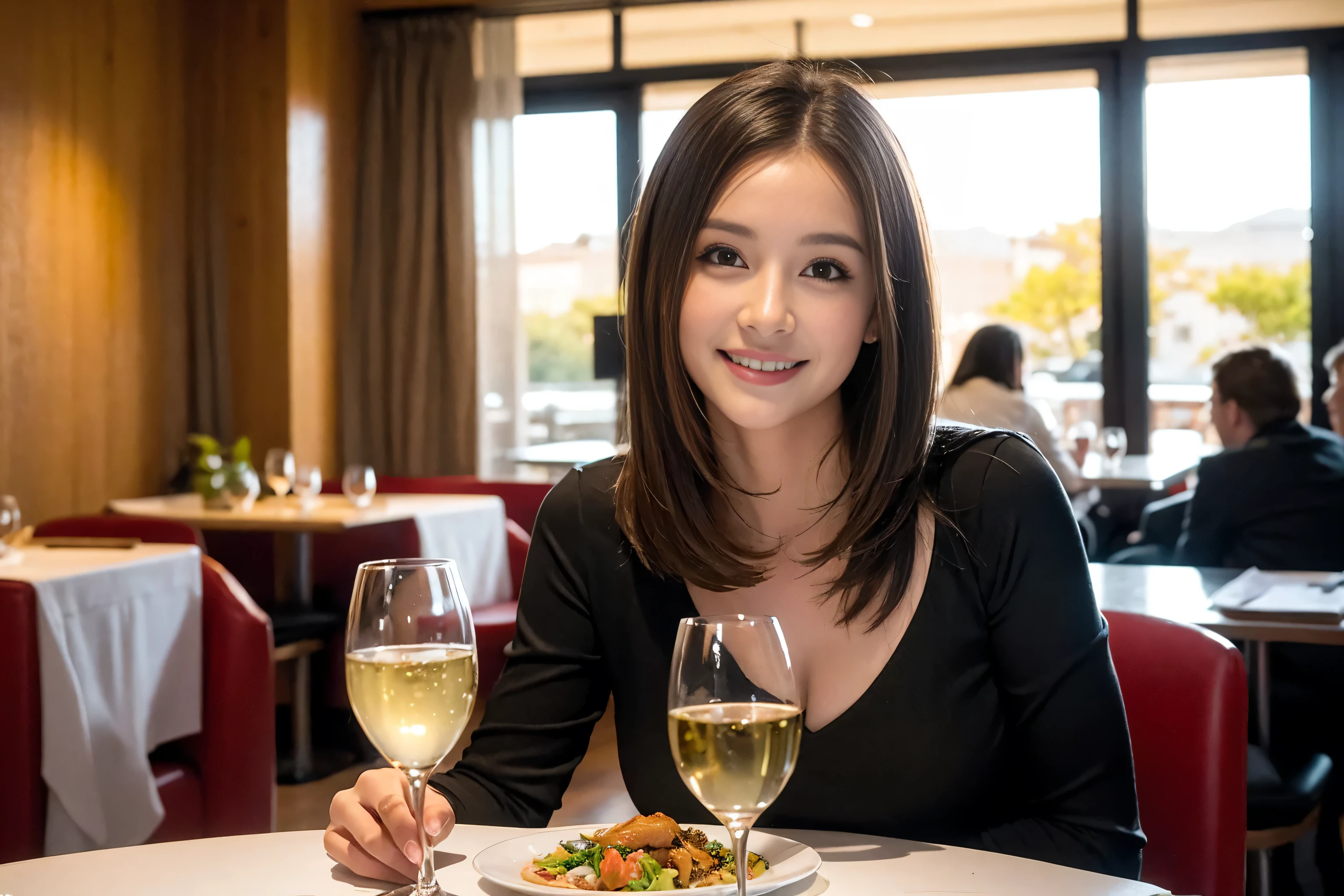 ((Highest quality、8k、masterpiece:1.3))、cute、Slim couple、Model Couple、Actress、(Realistic, Intricate details:1.2), full-course dinner、Wine Party、Amazing view of the sunset sky and clouds、A bright smile、short hair,Bright Face、 (45 years old), 42 years old, red wine 、Appetizers、Italian food、Wine bottle、Champagne、sparkling wine、Two beauties、Brown Hair、Shortcuts、Long sleeve shirt、dress、Beautiful woman 1, (Slim face), (The body is slim), (Brown Hair), (Shortcuts), cheeks turn a little red,Attractive beauty、restaurant, In a prominent place (From the waist up) Nova Frog Style, actress, model, Upper Body, White wine, slim, wine glass, A wine glass placed in the center, smile, (smile: 1.15), Beautiful fine grain, Depth f/2,saturation, High Contrast, Strong light and shadow,Moist Body:1.5、3D texture、Delicate eyes、Brown Hair、The hair is very shiny、