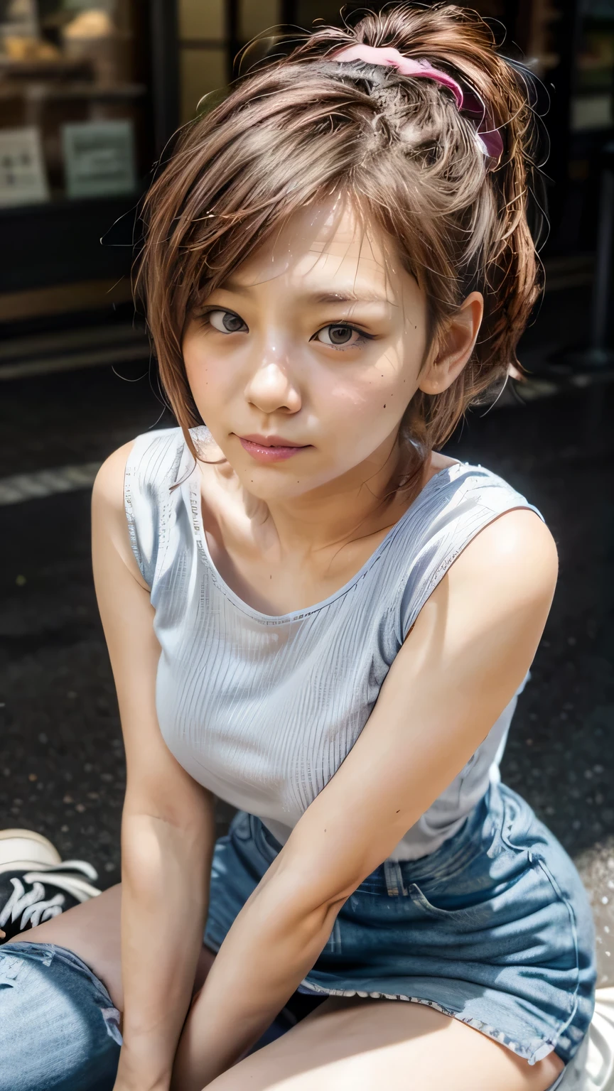 (Girl walking through the streets of Tokyo:1.2、blue sky)、((Shirt with ribbon、Tight brown miniskirt、Wearing knee-high socks:1.4、sneakers)、the wind is strong、(Realistic、Like a photograph、Live Action、8k, Realistic, RAW Photos, Best image quality: 1.4), Single-lens reflex camera、RAW Photos, Highest quality, Realistic, Highly detailed CG Unity 8k wallpaper, Written boundary depth, Cinematic Light, Lens flare, Ray Tracing, Realistic background、((ultra high density skin))、 -yeld giCute Japanese Girl、(whole body:1.5)、Very detailedな顔，avert your eyes:1.1、(short hair:1.2、Short Ponytail:1.4)、I like that style、stylish、Very detailed、Pay attention to the details、Perfect outfit、(Sunburned skin)、View from below、Accurate hands、Accurate legs、Detailed hands and fingers、Anatomically correct body、Thin legs、Thin thighs、Large Breasts