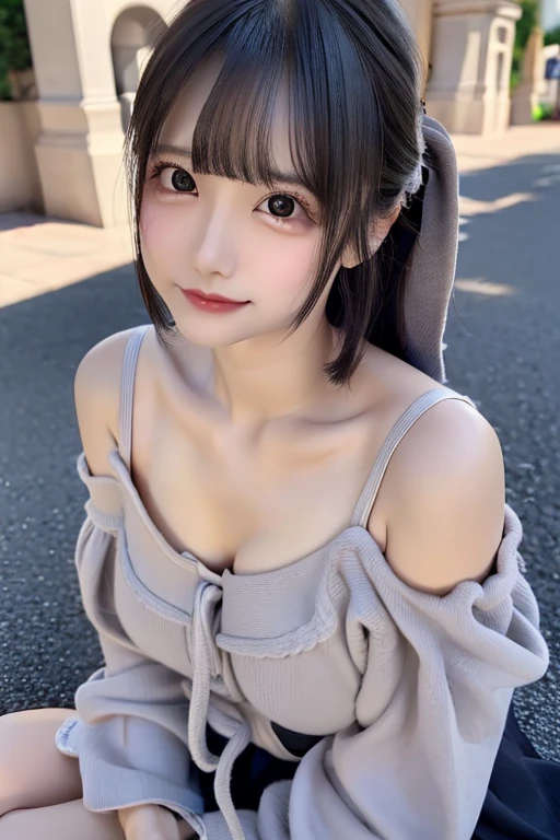 ((The whole body is shown))、Highest quality、High resolution、超High resolution（Real：1.4）、(((jirai kei、Off the shoulder,chool:1.3)、18-year-old、Japanese women、Small breasts、(looking at the camera)、Cute round face、smile、((Shiny gray hair))、looking at the camera、Sparkling eyes、Lips shining with lip gloss、Natural light、(()）、(((Flat breasts、Small breasts)))、(smallバスト:1.4)、smallバスト、(slim、small、Flat、small)、thin、Delicate and sexy collarbone、One Girl、(beautiful girl、Delicate girl:1.3)、(18-year-old:1.3)、Very beautiful eyes、(Symmetrical eyes:1、Brown eyes、Parted bangs、(Eye and facial details:1.0) )、Real実写、Photogenic transparency、Detailed eyes、Gradation、Perfect anatomical figure、Woman with perfect body、Highly detailed skin、Highly detailed face、Beautiful eyes in every detail、Background Blur、Sexy pose、