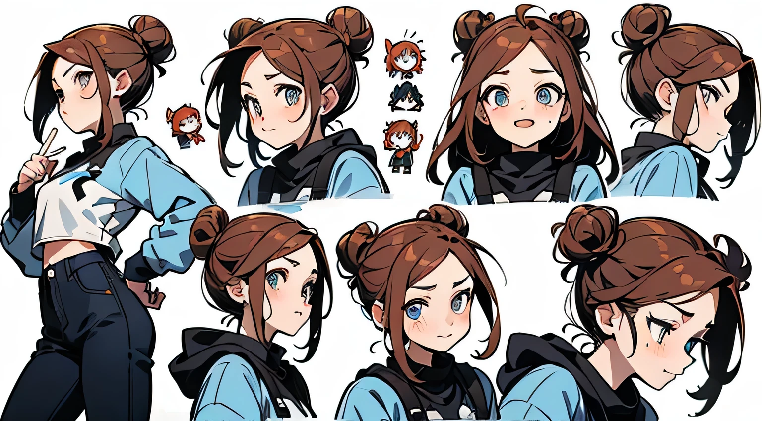 21 years old, Red-haired girl, armpit hair length (((Happy flirting emoticon))) Jeans and tight tops, ((Bun hairstyle)) (((Detailed character list, Front view, side view, Three-quarter view))) (((White background)))