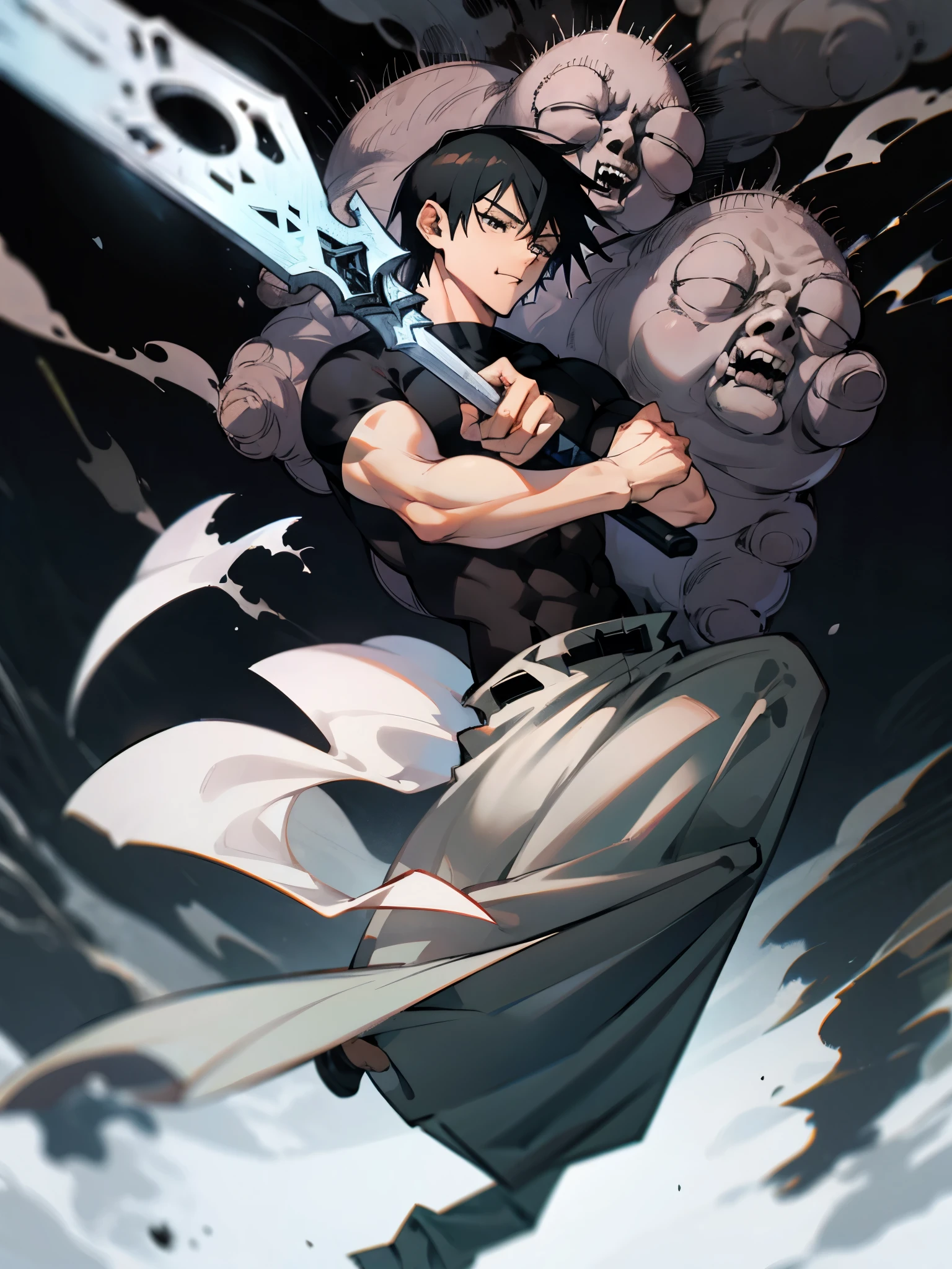 a man, short black hair, black eyes, toned body, holding a cursed dagger, wearing a black shirt and gray pants.
