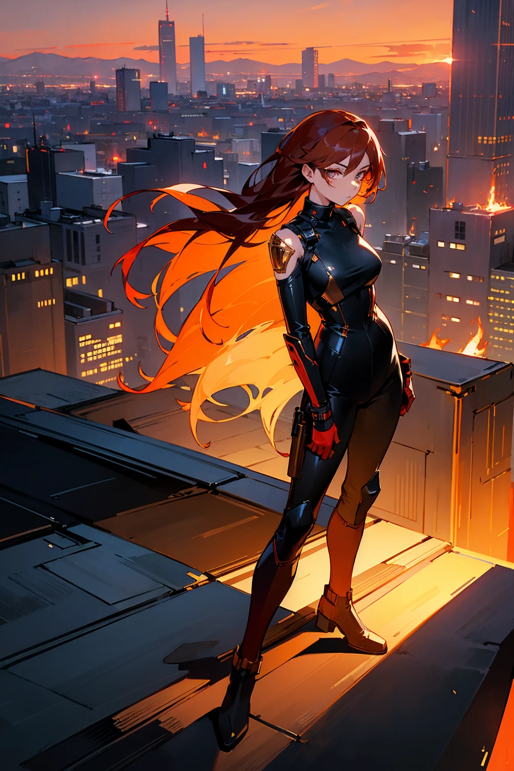 Masterpiece, 8k, a young woman with shoulder-length copper hair and golden eyes, wearing a sleek black jumpsuit with red flame patterns and combat boots. The background features a dynamic urban rooftop at sunset with dramatic cityscape views. Standing on path.