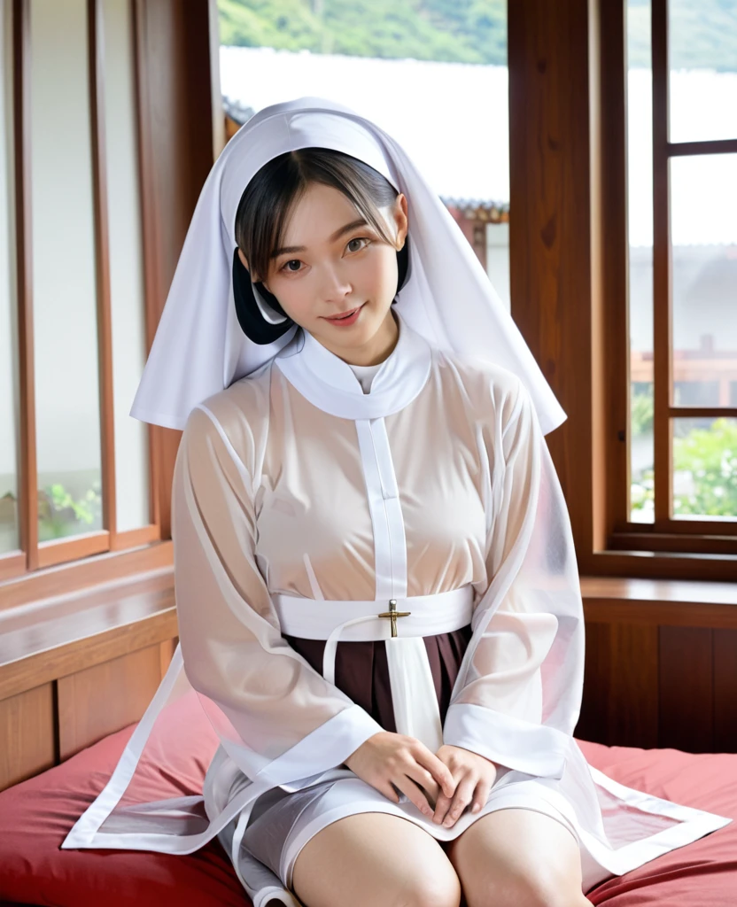 Japanese nun in a transparent robe、monastery、Skin Bed