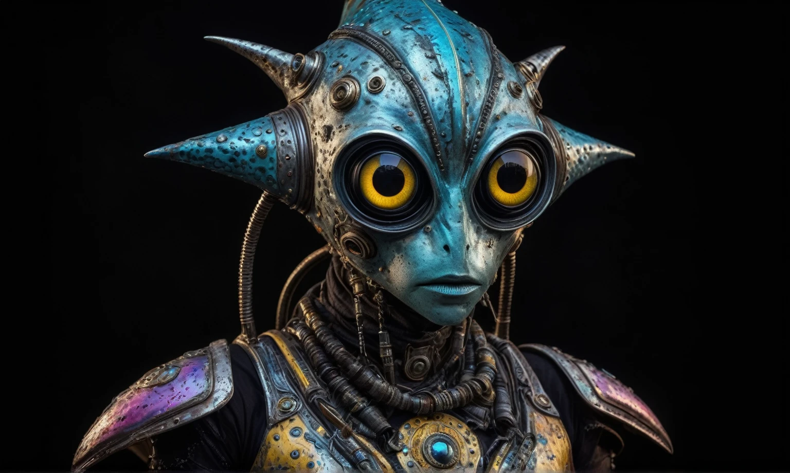 full body length shot,nerd graphite  Alien Entity,native africa slave ,azctec Finnish Lapland,Cinematic,soft colors, Technicolor,natural skin textures, hyper realism, hyper detailed,Extremely detailed,High contrast,Masterpiece,Realistic,Ultra Detailed, intricate details,realistic humid leather,extremely intricate details,Epic Realistic, cinematic style, irina yermolova,high contrast,hdr,extremely detailed, [deep night landscape],masterpiece, intricate details, eyes extremely detailed, high detailed eyes,8k resolution,retina, Nikon Z9,Korea,orc,Egypt, Pisces, transition between two art styles,full body length, Double contact, X-ray, Creative, vivid light, fantasy, Abstract, Surrealism, super detailed, high resolution,insanity national folk wear,skin  almost translucent, gothic elements,Mestichino,Light particles,chaos,starfish's leather,"(The best lighting, dark, dramatic), terror.),(fish eyes, A Modern flat toon Crazy whit a Big ONE a Only Eye Robot USSR , and helmet Style, tongs in hands, Tv head, pinhead, camouflage Yellow White Pink Rusty, Ambient in a meteorite crater super detailed, 