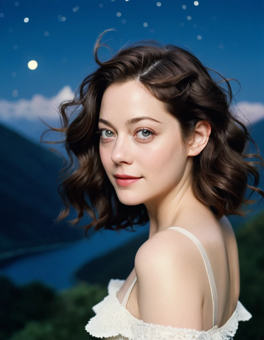 xxmixgirl, full body of a beautiful cute long face Japanese girl, happy smiling, still from the film, ((young Marion Cotillard face : 1.1)), ((young Anne Hathaway face: 0.9)), side shot, portrait photo of a cute 19 y.o woman, looks at viewer, full lips, beauty natural skin, skin moles, starry night, (cinematic, film grain:1.1), ((asian winged eyes, very long and slender slim face, windy tousled, goddess long curly black hair, stapless crop top)), relaxing among mountains valley, Leica SL3, Summicron-SL 75mm ASPH, F/2, (cinematic still:1.2) Kodak Gold 200 film, bokeh, rim lighting, silhouette, shallowed depth of field, dynamic hands up,