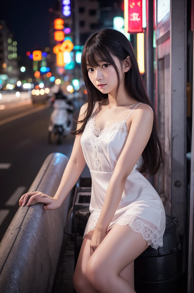 **Prompt Content**:
A beautiful Japanese girl、I'm sitting on a pipe under an overpass in the city at night。She was wearing a thin white camisole dress.、Illuminated by cold neon lights。
**Background features**:
In the background, countless electric wires and pipes are intertwined.、It emphasizes the inorganic atmosphere of the city.。I can see the neon signs and lights of buildings in the distance.、Feel the hustle and bustle of the city at night。
**Features of the costume**:
The beautiful girl is wearing a white camisole dress.、Features delicate lace embellishments。The thin fabric is transparent to the light、It reflects her skin softly.。
**Posing**:
She casually sits on the pipes、Dangling my legs。The gaze is off camera、She has a slightly sad look on her face.。
**Photographic Techniques**:
For night photography、Lighting technology is used in low light environments。Use neon lights and ambient light effectively、Highlights the subject's face and clothing。Shallow depth of field to blur the background、By focusing on beautiful girls、It emphasizes the subject。Due to the vertical screen composition、The beautiful girl's whole body and the city elements in the background are well balanced.。Ultra-realistic live-action depiction、Skin texture and costume details are expressed in detail.。