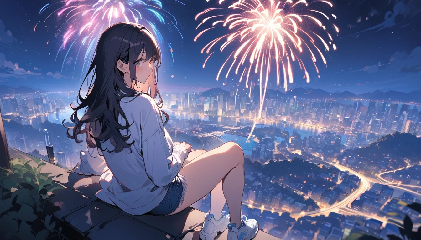 ((Highest quality))、((masterpiece))、(detailed)、(makoto shinkai)、((Anatomically correct))、(High resolution、8k)、(Beautiful Skin:1.1)、One woman、Back view、3 meters apart、whole body、(Beautiful eyes:1.2)、Overlooking the city from the top of the hill、night、Lots of fireworks、Long hair flutters in the wind、Black Hair、White shirt、Denim hot pants、sneakers、
