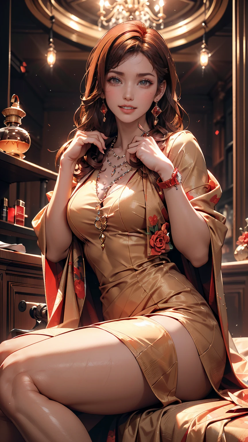 ((masterpiece,Highest quality)), 4K, High resolution, One girl, alone, smile, Brown dress((slit deep)), Exposed thighs、(Perfumer&#39;s Outfit 2:1.2), 、Stiletto heels、Curly Hair((curly hair))、Red inner color((colored inner hair))、Crystal Earrings((crystal earrings))